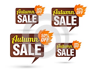 Autumn sale tag speech brown bubble. Set of 20%, 30%, 40%, 50% off discount
