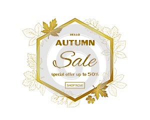 Autumn sale template banner,gold maple leaves with space for text on hexagon frame,fall background for poster,advertising,website