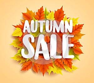 Autumn sale text vector banner with colorful seasonal fall leaves in orange background