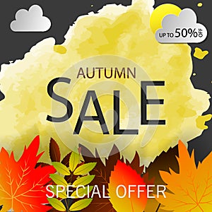 Autumn sale text vector banner with colorful seasonal fall leaves in orange background for shopping discount promotion. Vector i