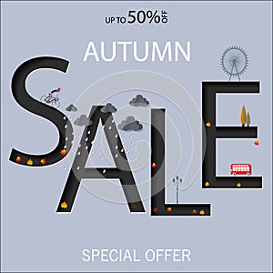 Autumn sale text vector banner with colorful seasonal fall leaves in orange background for shopping discount Vector illustration.