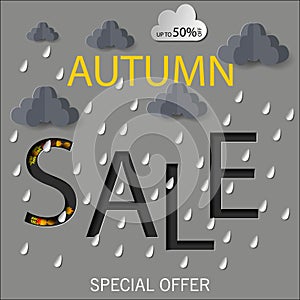 Autumn sale text vector banner with colorful seasonal fall leaves in orange background for shopping discount Vector illustration.