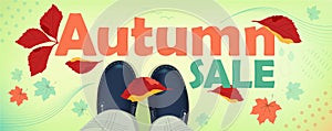 Autumn sale, text and vector illustration, cover or website background. Top view of female legs or baby boots with falling maple