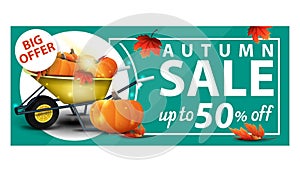 Autumn sale, up to 50% off, green discount web banner with garden wheelbarrow with a harvest of pumpkins and autumn leaves