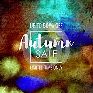 Autumn Sale up to 50 percent off. Seasonal discounts. Abstract colorful watercolor banner with hand drawn lettering.