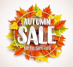 Autumn sale vector banner design with text in colorful fall leaves and circle frame