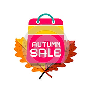 Autumn sale vector design with oak leaves and pink shopping bag icon