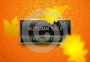 Autumn sale vector poster with yellow autumn leaves. Bright luxury banner. Golden text on black green rectangular label gold frame