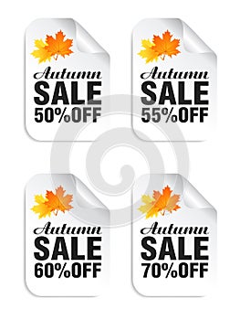 Autumn sale white stickers set with autumn leaves. Autumn Sale 50%, 55%, 60%, 70% off