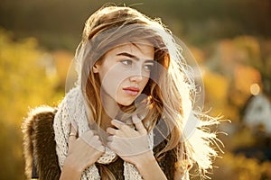 Autumn sale. Woman with long hair and natural makeup.