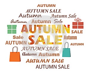 autumn sale - words cloud with shopping bags. Vector bright illustration