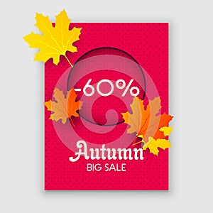 Autumn sale yellow fall leaves background. Colorful foliage nature element banner vector. Business retail abstract decoration spac