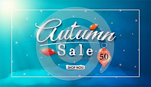 Autumn sales banner design with colorful seasonal fall leaves.and concept autumn advertising