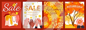 Autumn sales, banner or poster design set, hands applaud discount offer and Sale text