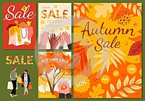 Autumn sales, promotion banner design set, shopping bag, leaves and discount label