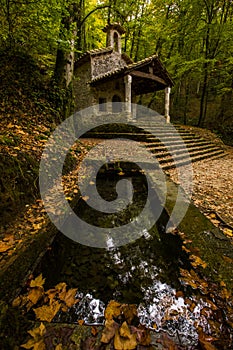 Autumn in Sant Marti del Corb church, La Garrotxa, Spain