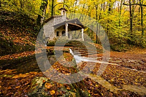 Autumn in Sant Marti del Corb church, La Garrotxa, Spain