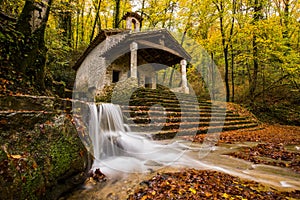 Autumn in Sant Marti del Corb church, La Garrotxa, Spain