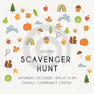 Autumn Scavenger Hunt Game or Woodland Walk Card, Poster or Invitation. Vector Design