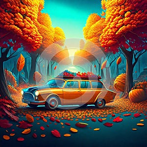 Autumn scene with car and autumn leaves, 3d render illustration AI Generated