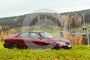 Autumn scene with Cherry red 4 door family d-class sedan Toyota Camry