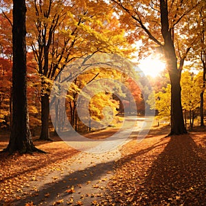Autumn scene, fall, red and yellow trees and leaves in sun light. Beautiful autumn landscape with yellow trees and