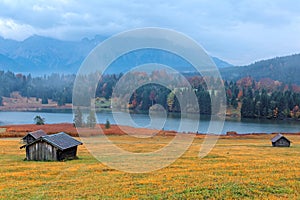 Autumn scene of Lake Geroldsee, a beautiful alpine lake in Gerold between Garmisch-Partenkirchen & Mittenwald in Bavaria Germany