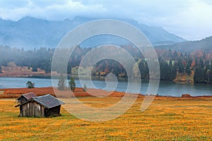 Autumn scene of Lake Geroldsee, a beautiful alpine lake in Gerold between Garmisch-Partenkirchen & Mittenwald in Bavaria Germany