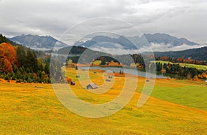 Autumn scene of Lake Geroldsee, a beautiful alpine lake in Gerold between Garmisch-Partenkirchen & Mittenwald in Bavaria Germany