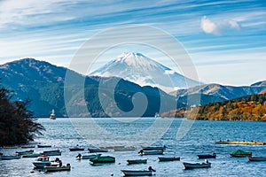 autumn scene of mountain Fuji, Lake Ashinoko and boats, Hakone, Japan, travel background