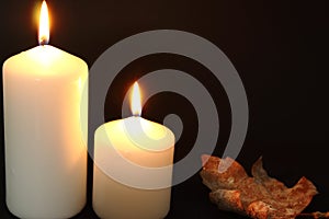 Autumn scene of two lighted white veils and a leaf.