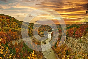 Autumn scene of waterfalls and gorge