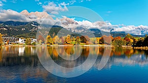 Autumn scenery of beautiful Lake Ritzensee on a sunny day in Saalfelden, Salzburger Land