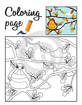 Autumn scenery with a bird siting on fall branch with oak leaves and clouds behind. Coloring page