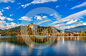 Autumn scenery of Bled lake at sunny day, Slovenia