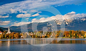 Autumn scenery of Bled lake at sunny day, Slovenia
