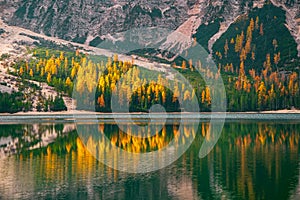 Autumn scenery on Braies Lake, Dolomite Alps, Italy