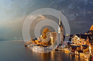 Autumn scenery of famous Hallstatt mountain village in the Alps , Upper Austria