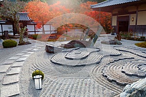 Autumn scenery of a Japanese rock garden  zen garden, dry landscape, or karesansui  in morning sunlight, at Honryutei in Enkouji