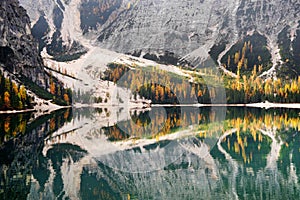 Autumn scenery of Lake Braies in Dolomite Alps