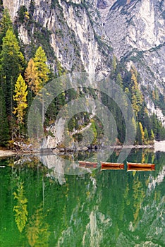 Autumn scenery of Lake Braies in Dolomite Alps