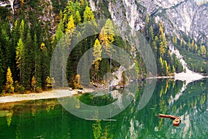 Autumn scenery of Lake Braies in Dolomite Alps