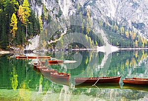 Autumn scenery of Lake Braies in Dolomite Alps