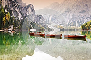 Autumn scenery of Lake Braies in Dolomite Alps