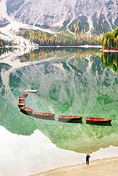 Autumn scenery of Lake Braies in Dolomite Alps
