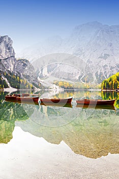 Autumn scenery of Lake Braies in Dolomite Alps