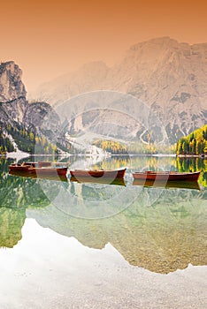 Autumn scenery of Lake Braies in Dolomite Alps