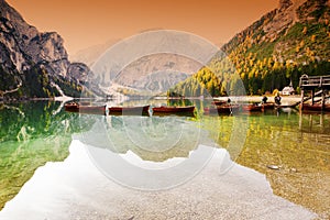 Autumn scenery of Lake Braies in Dolomite Alps