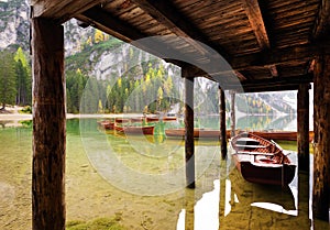 Autumn scenery of Lake Braies in Dolomite Alps