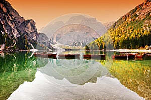 Autumn scenery of Lake Braies in Dolomite Alps